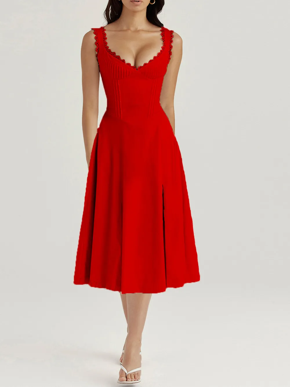Scalloped V-Neck Midi Dress with Back Lace-Up