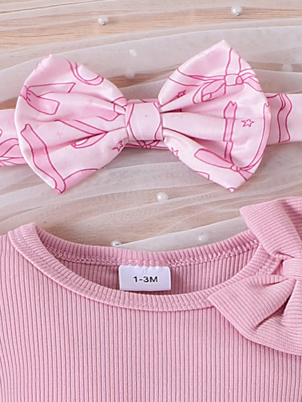 Children's Bowknot Ruffle Trim Bodysuit & Skort & Headband Set, image 2