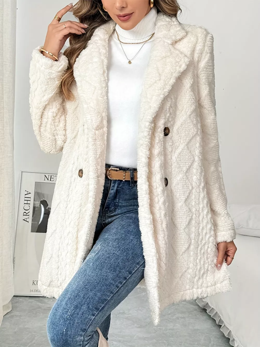 Fleece Double-Breasted Longline Coat, image 3