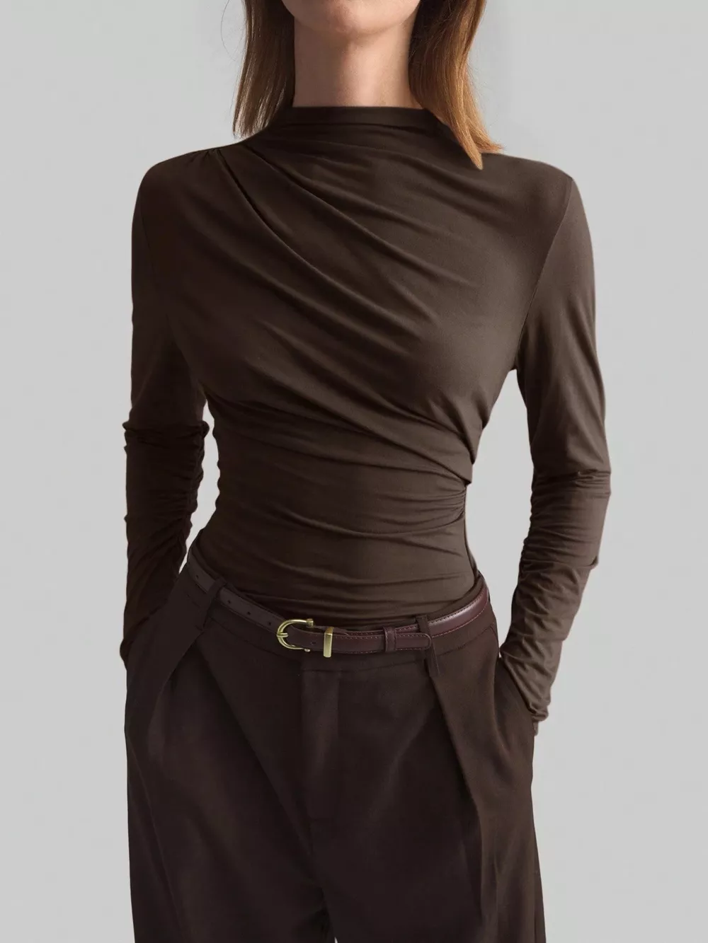 Elegant Drape Front Long Sleeve T-Shirt, image 4