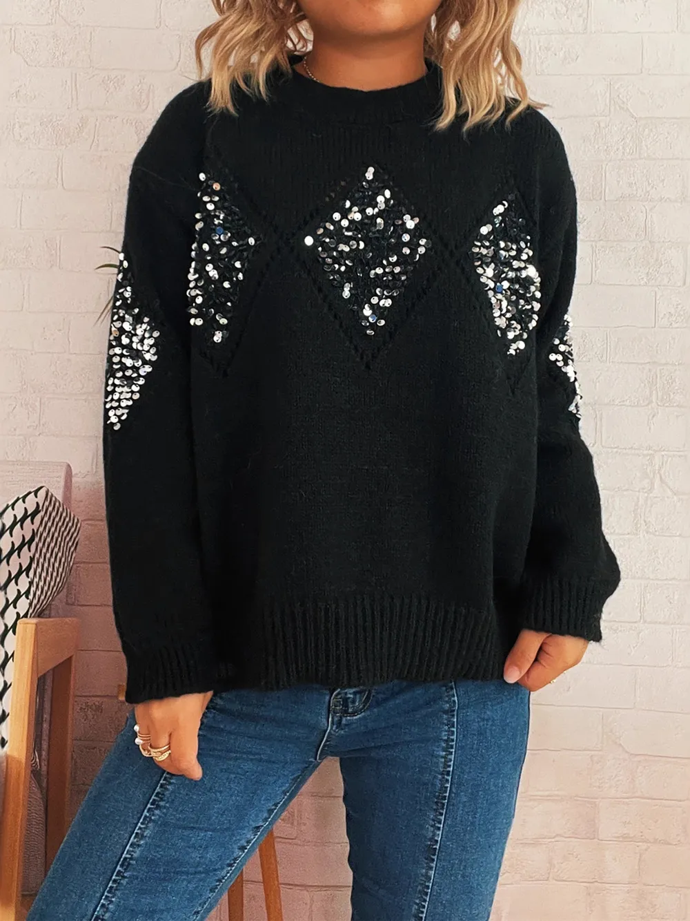 Sequined Diamond Pattern Oversized Sweater, image 8