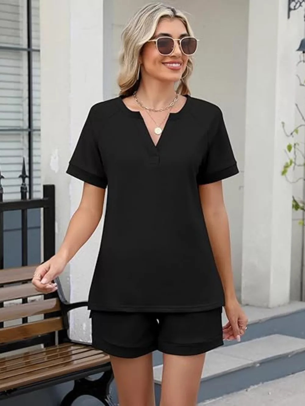 Solid Color Short Sleeve Top and Shorts Two-Piece Set, image 11