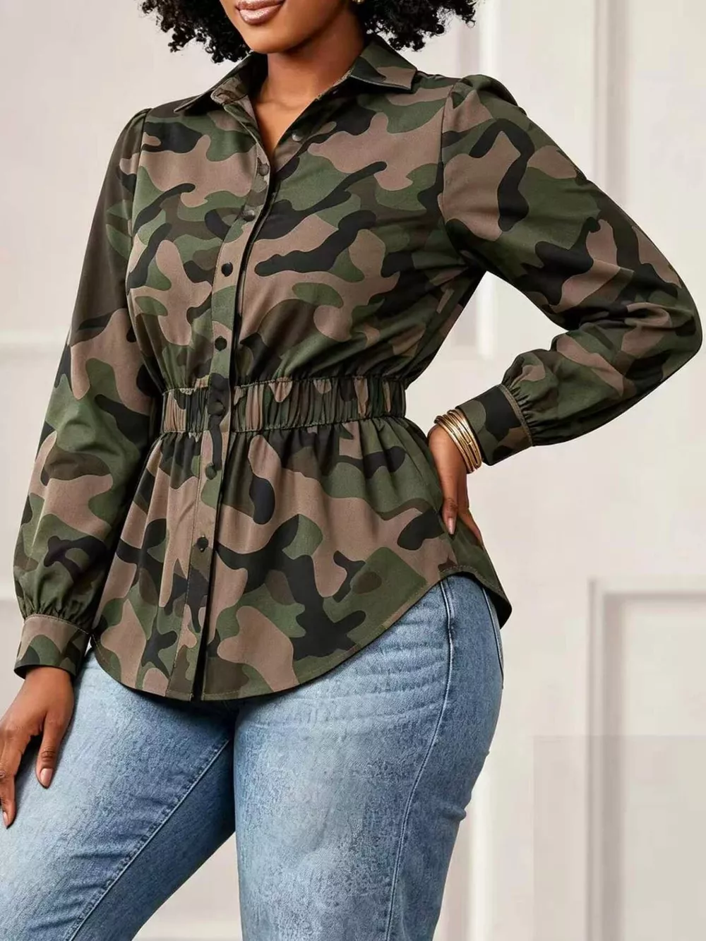 Camouflage Button Front Long Sleeve Blouse, image 3