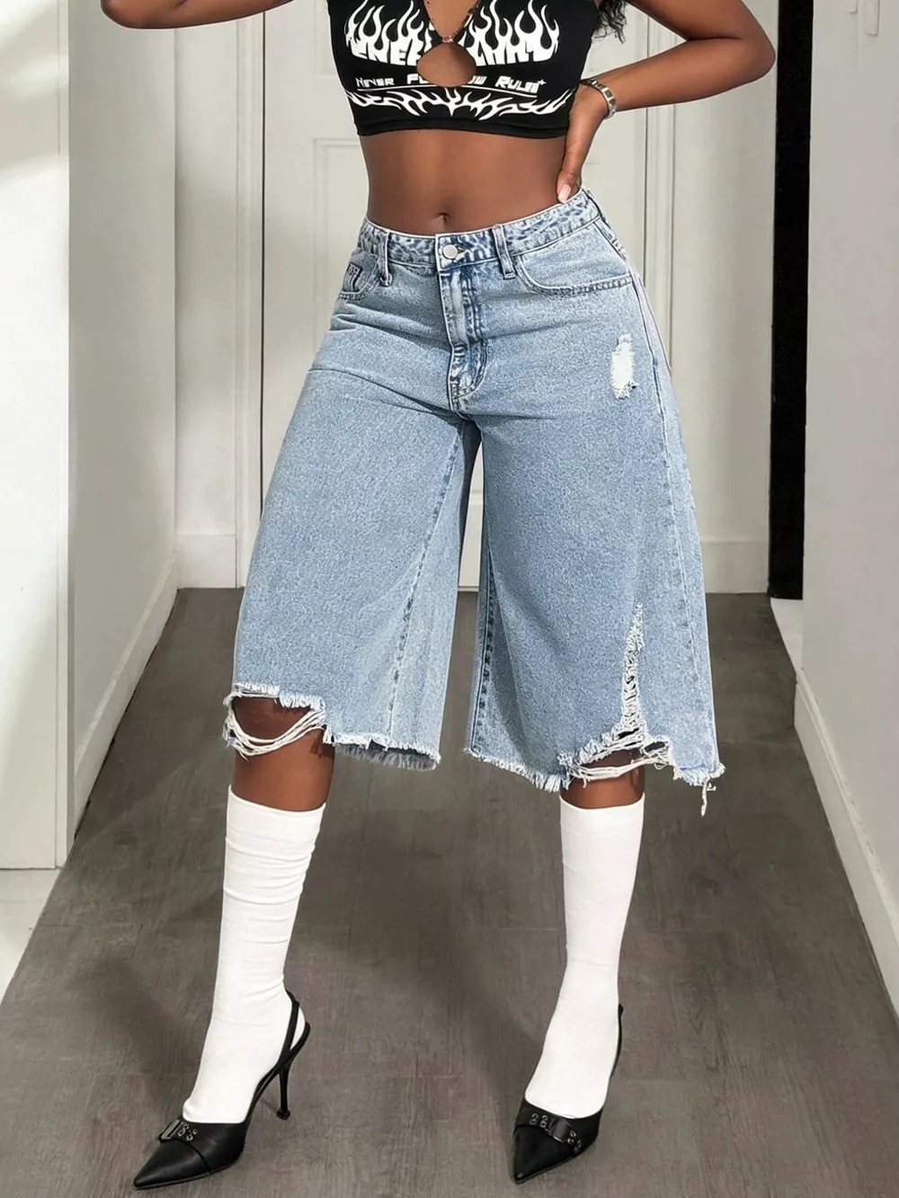 Distressed Wide-Leg Denim Shorts, image 3
