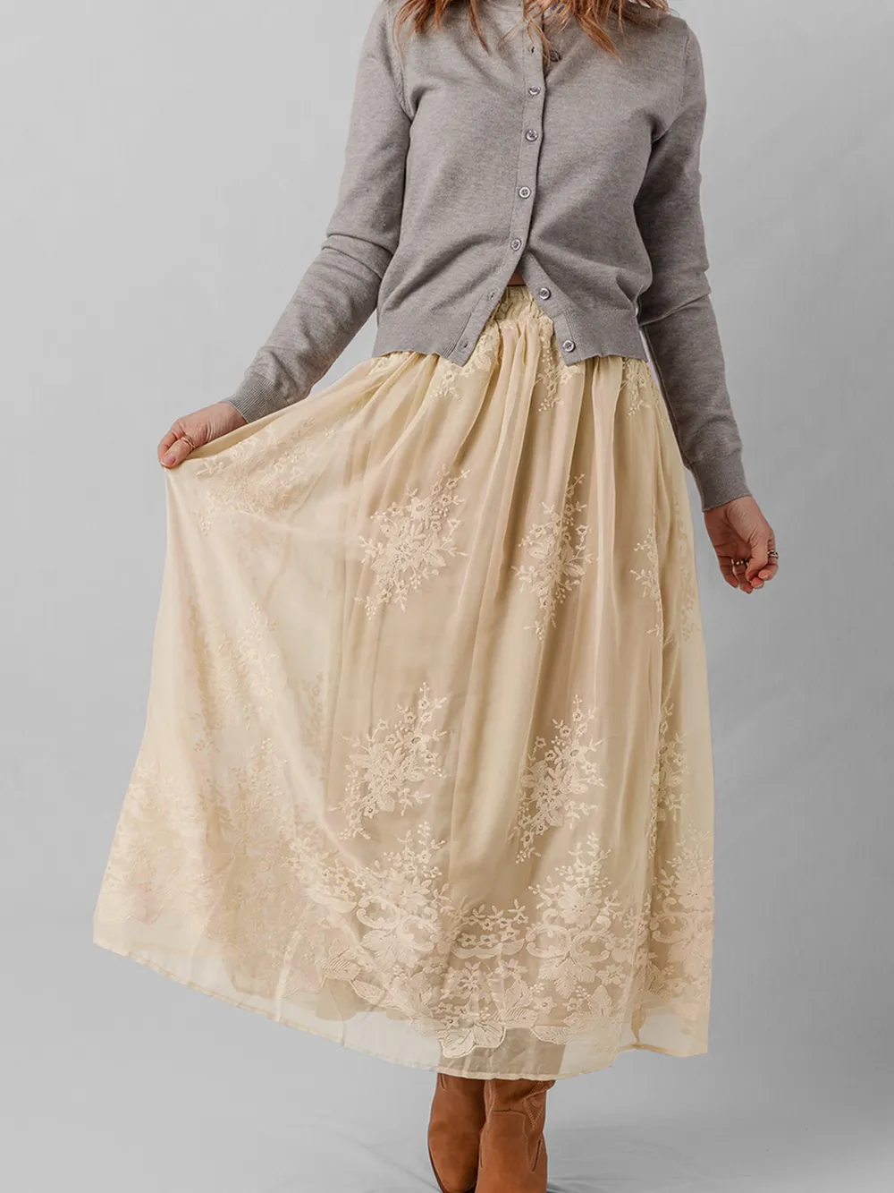 Embroidered Mesh Overlay Flowy Midi Skirt, image 6