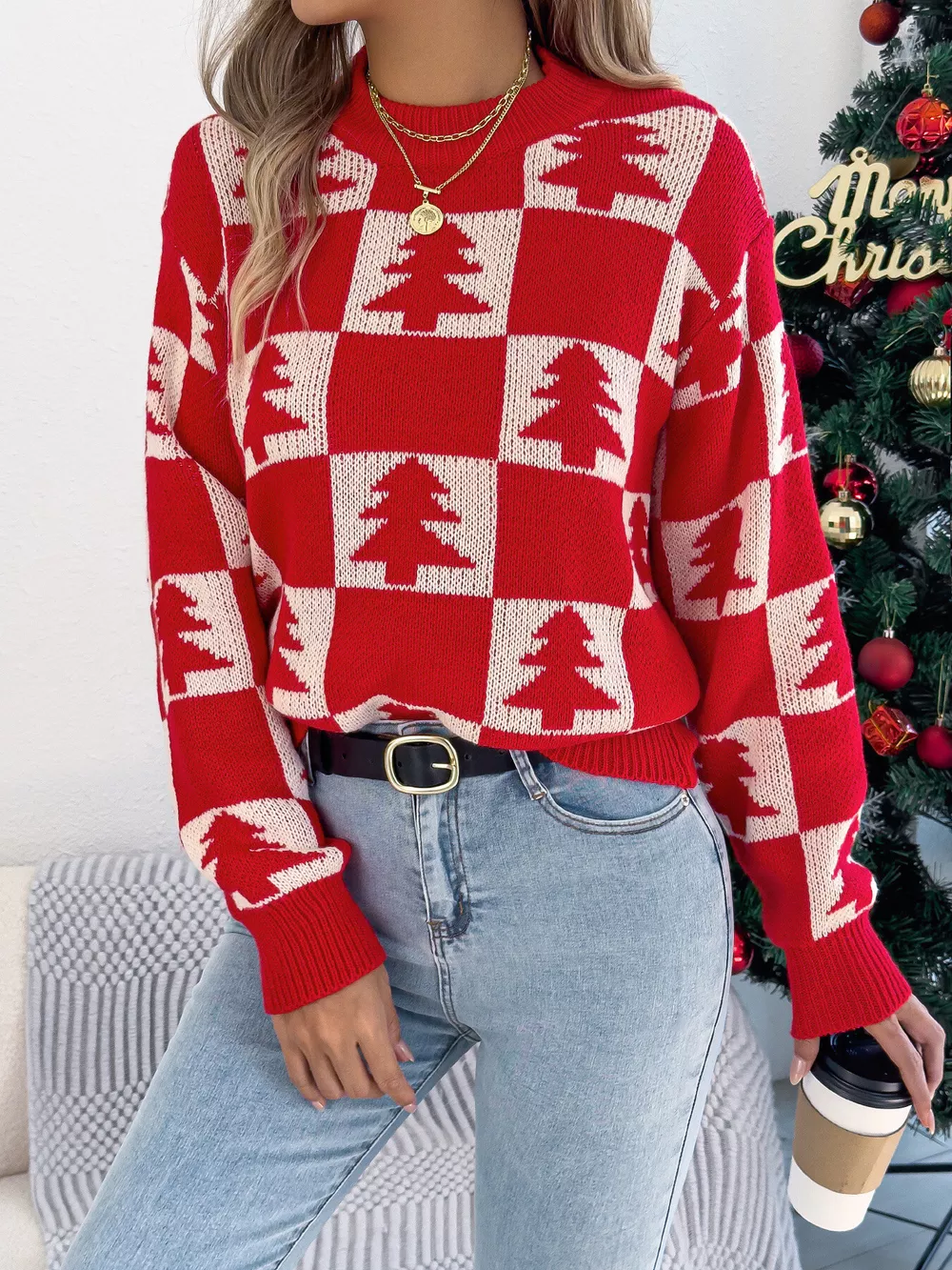 Christmas Tree Checkerboard Pattern Sweater, image 10