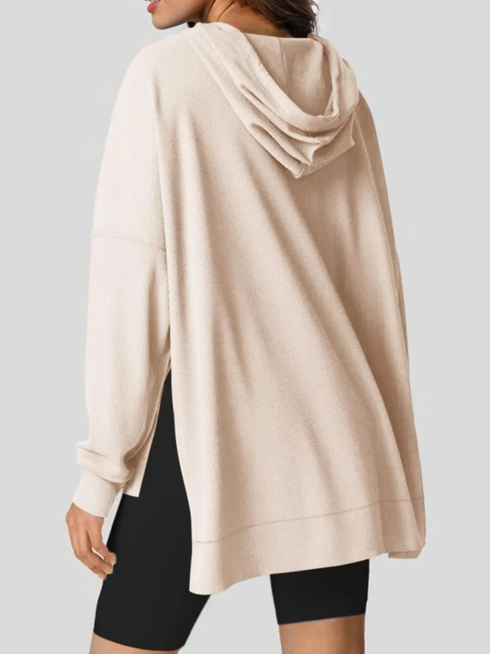 Slit Drawstring Waffle Knit Hoodie, image 5