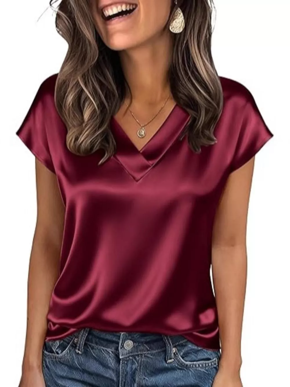 Satin V-Neck Short Sleeve Blouse, image 28