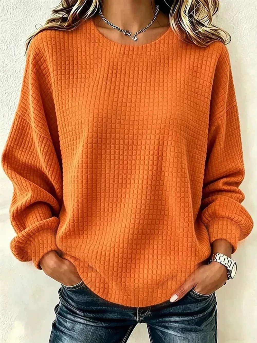 Full Size Waffle Knit Long Sleeve Crew Neck Sweatshirt Plus Size, image 10