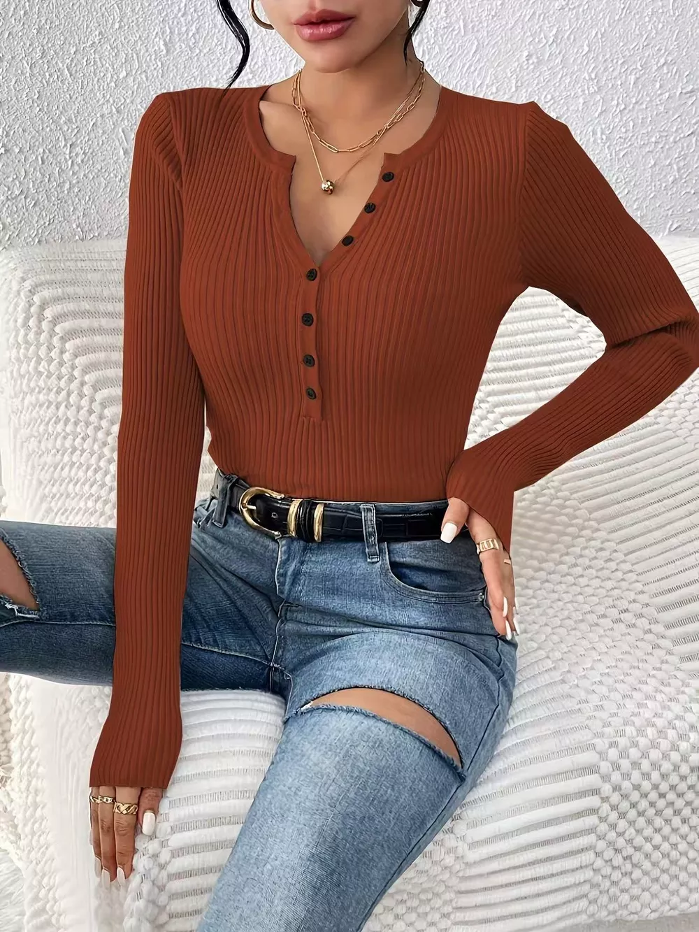 Ribbed Knit Button Front Knit Top, image 26