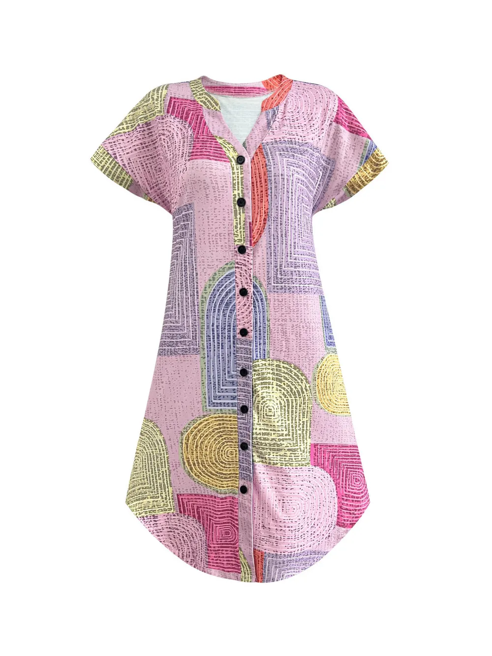 Geometric V-Neck Short Sleeve Button-Front Dress, image 14