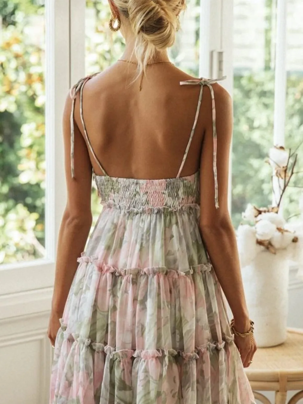 Printed Tie-Strap Tiered Mini Dress, image 14