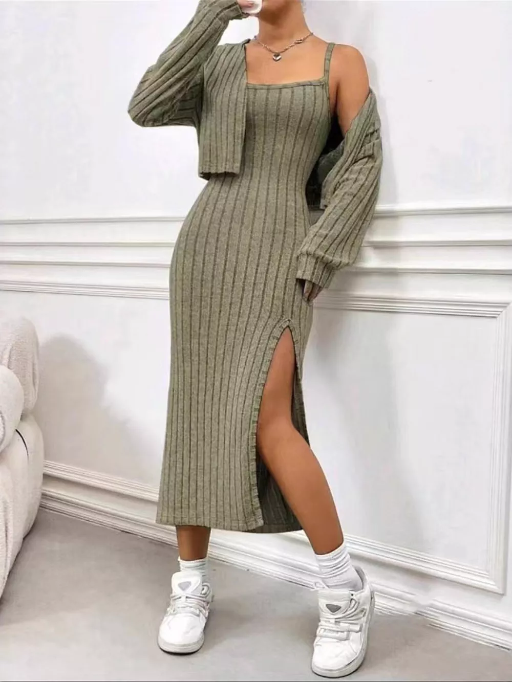 Ribbed Knit Cami Dress & Cardigan Set, image 5