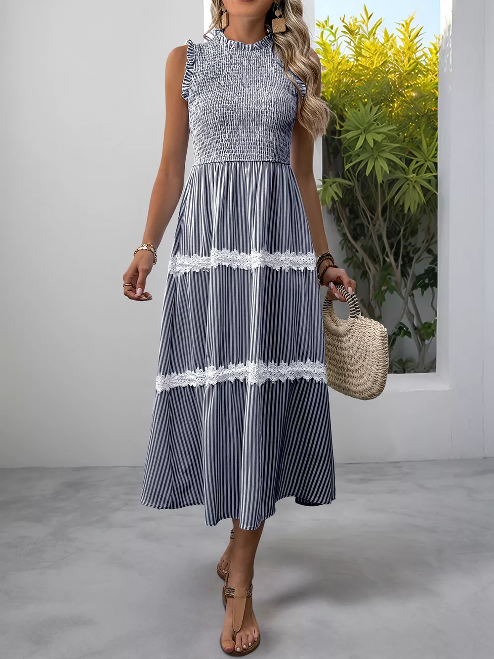 Smocked Striped Lace Trim Sleeveless Midi Dress, image 10