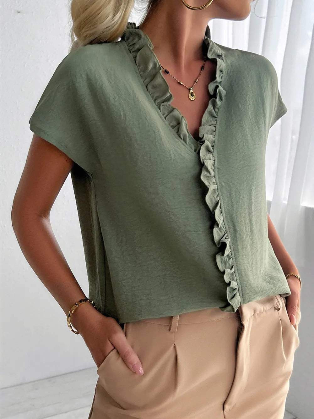 Ruffled V-Neck Short Sleeve Blouse, image 7