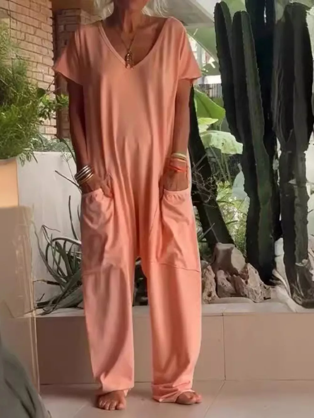 Full Size Loose Fit V-Neck Short Sleeve Wide Leg Jumpsuit Plus Size, image 10