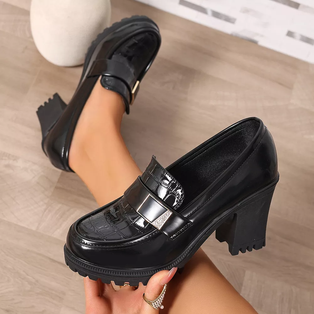 Chunky Heel Crocodile Pattern Patent Leather Loafers with Metal Buckle, image 6
