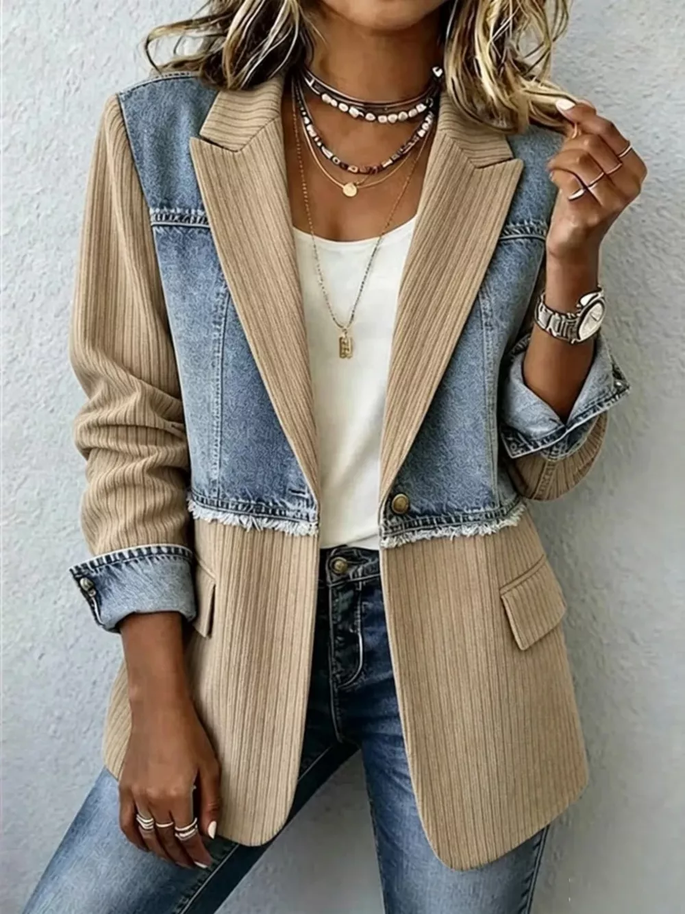 Full Size Patchwork Denim Ribbed Blazer Plus Size, image 4
