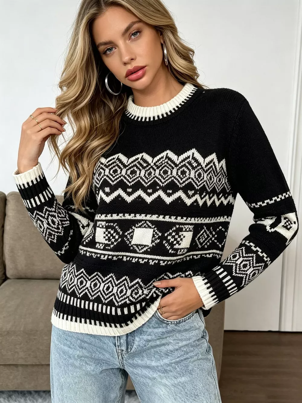 Christmas Festive Fair Isle Patterned Crew Neck Sweater, image 10