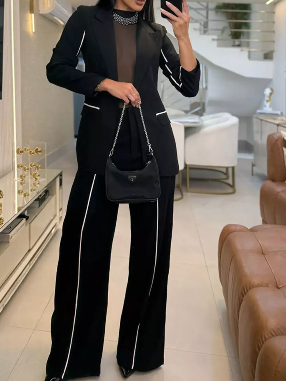 Contrast Trim Blazer & Wide Leg Pants Set, image 7