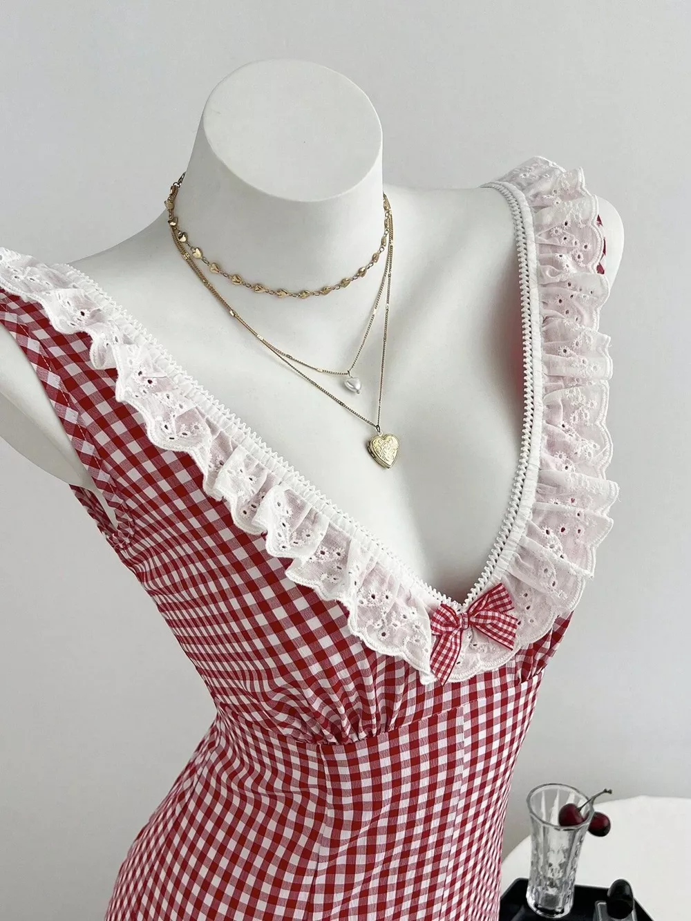 Gingham Lace-Trimmed Romper with Bow Detail, image 5