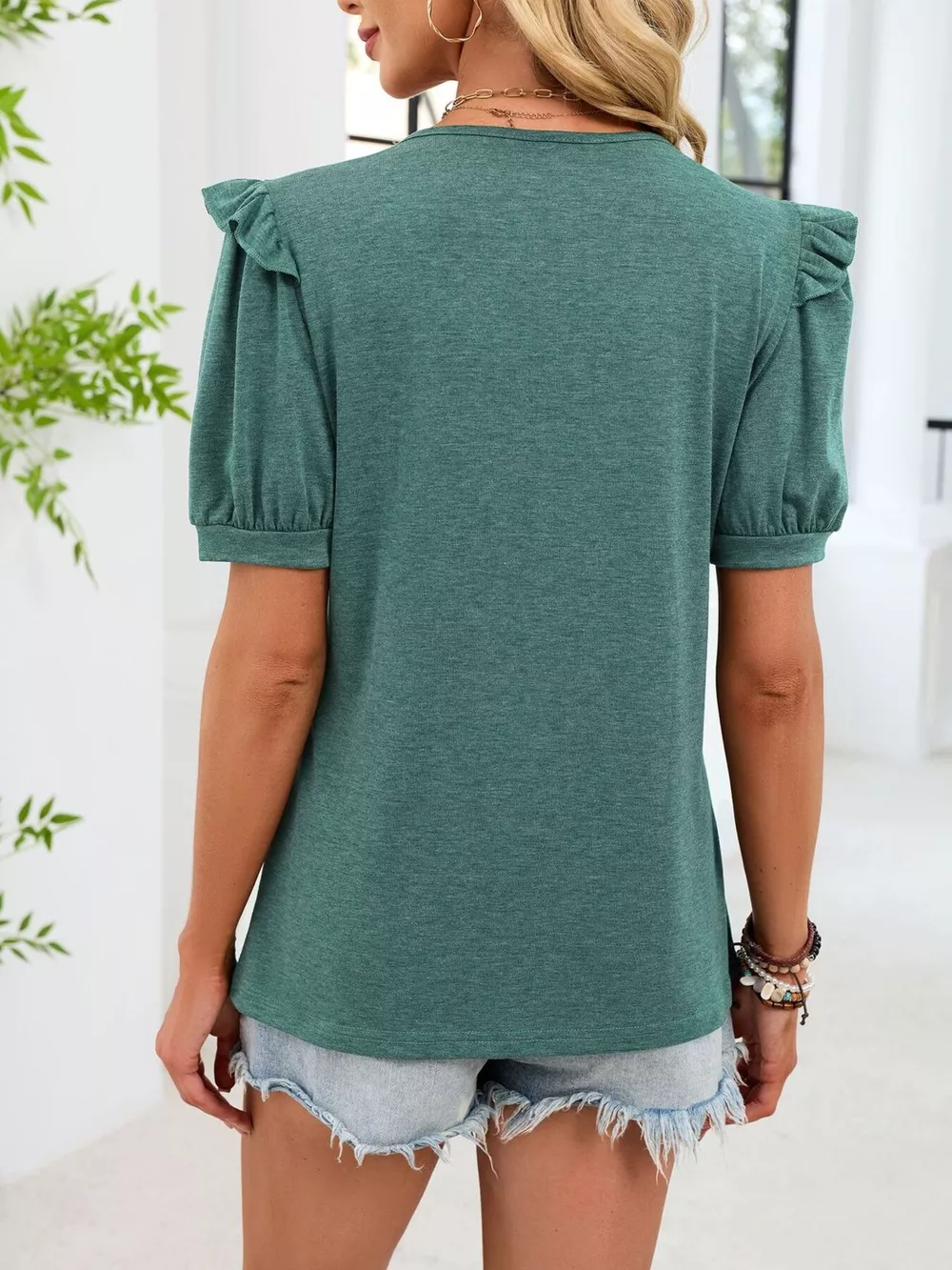 Ruffled Solid Color Short Sleeve T-Shirt, image 6