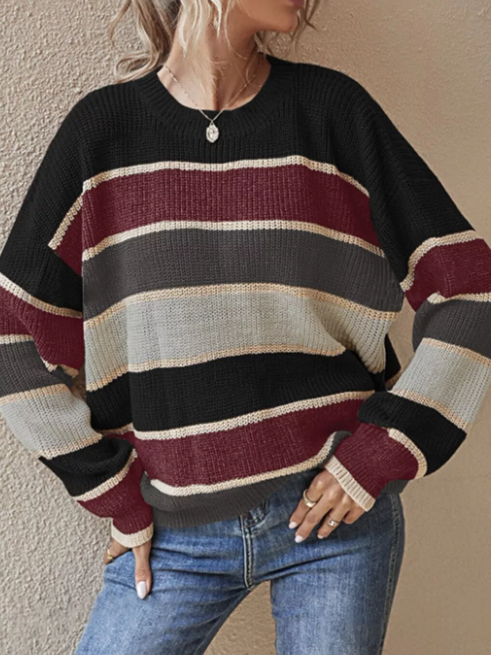 Color Block Striped Crew Neck Sweater, image 7