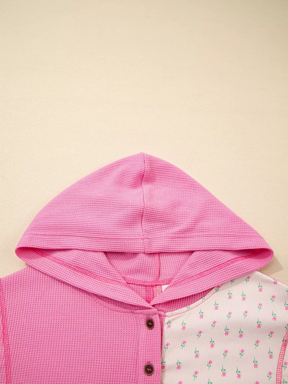 Mixed Texture Waffle Floral Patchwork Hooded Oversize Pullover, image 10