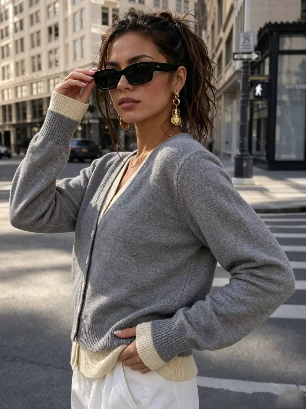 V-Neck Button-Down Contrast Layered Cardigan, image 2