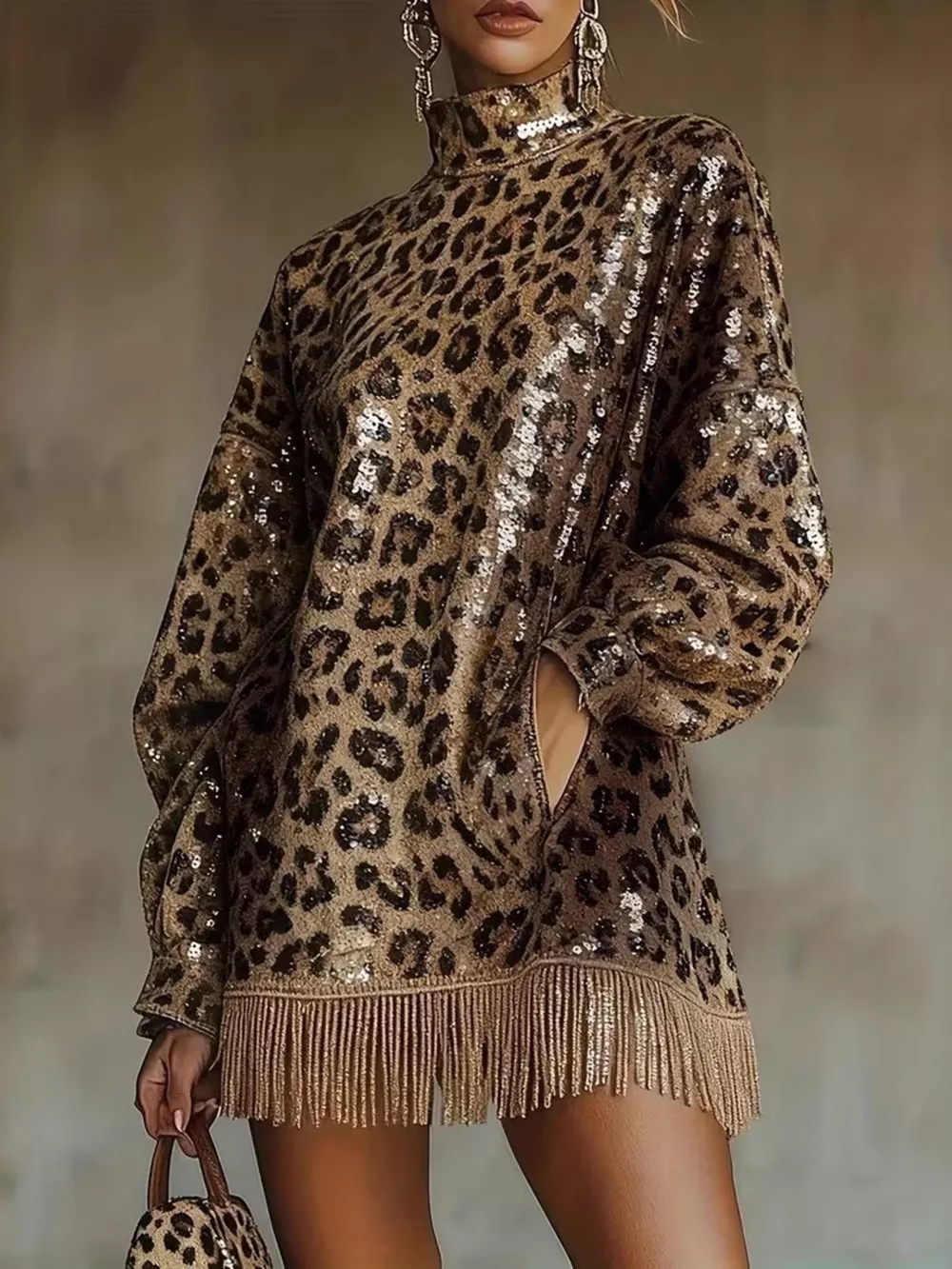 Full Size Leopard Sequin Mock Neck Fringe Hem Mini Dress Plus Size