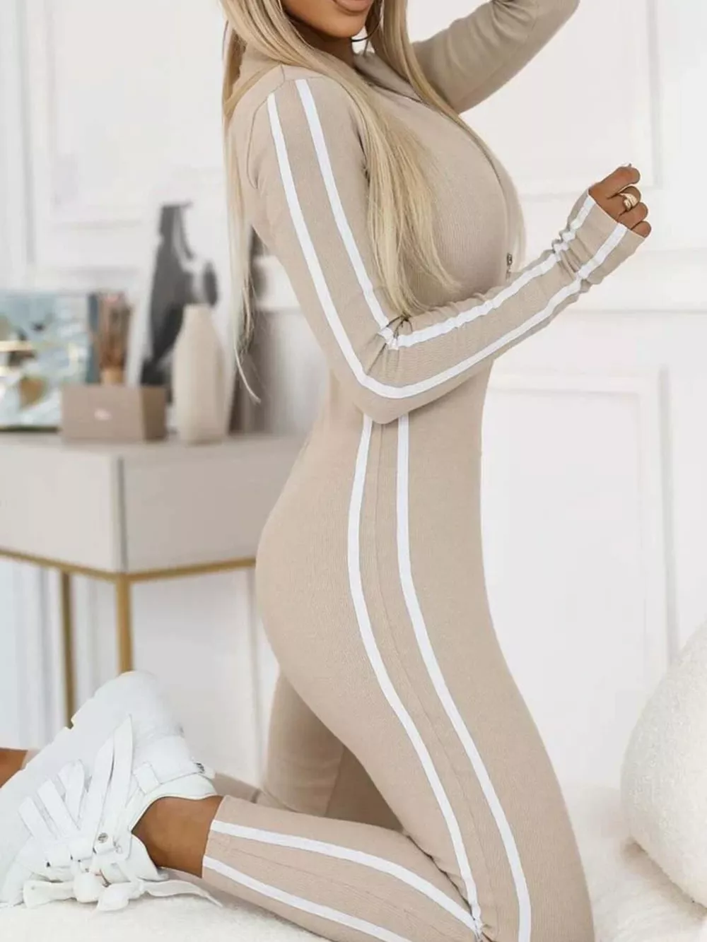 Full Size Stripe Zip-Front Long Sleeve Jumpsuit Plus Size, image 9