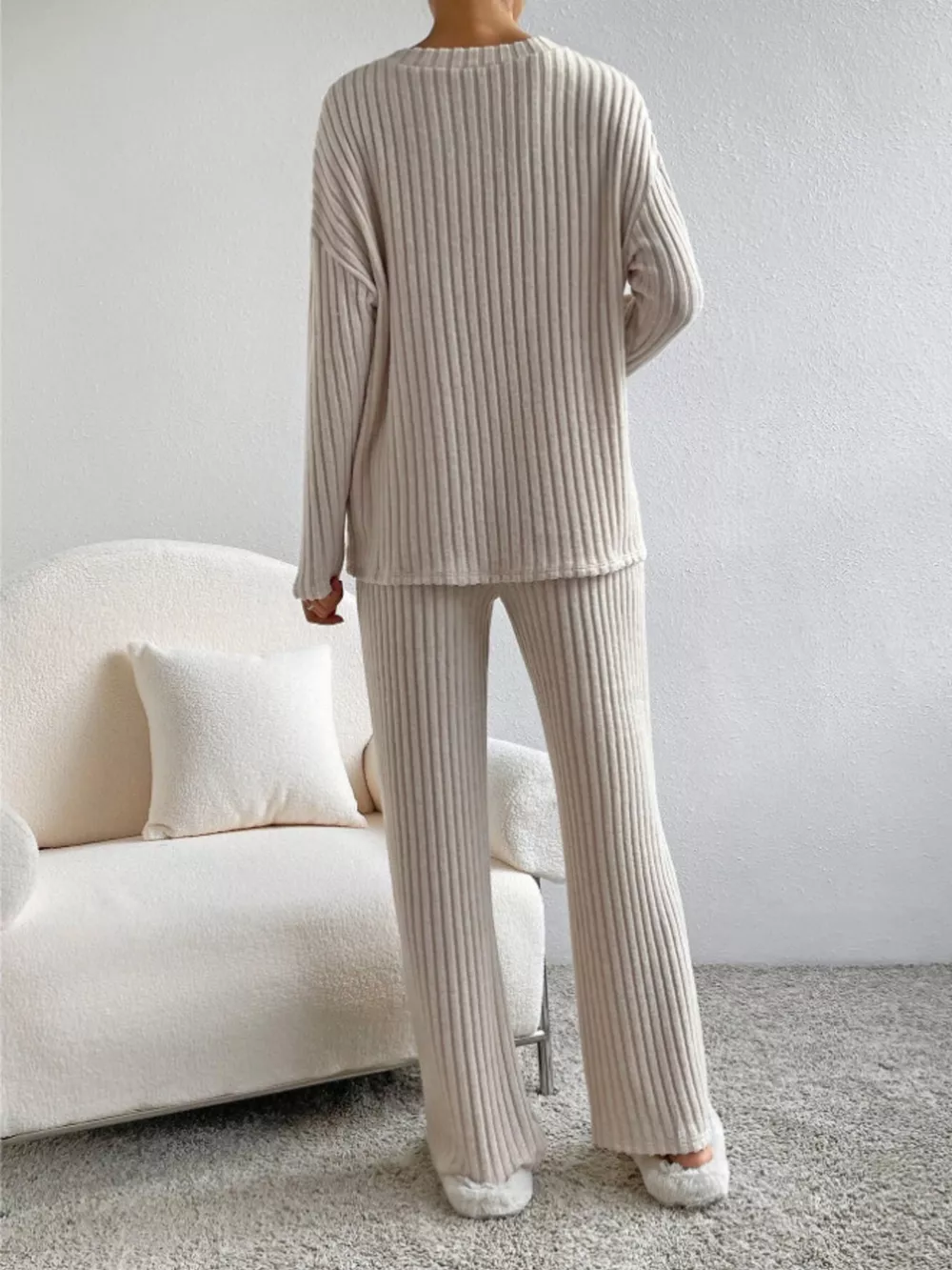 Ribbed Knit Long Sleeve Top and Pants Set, image 4
