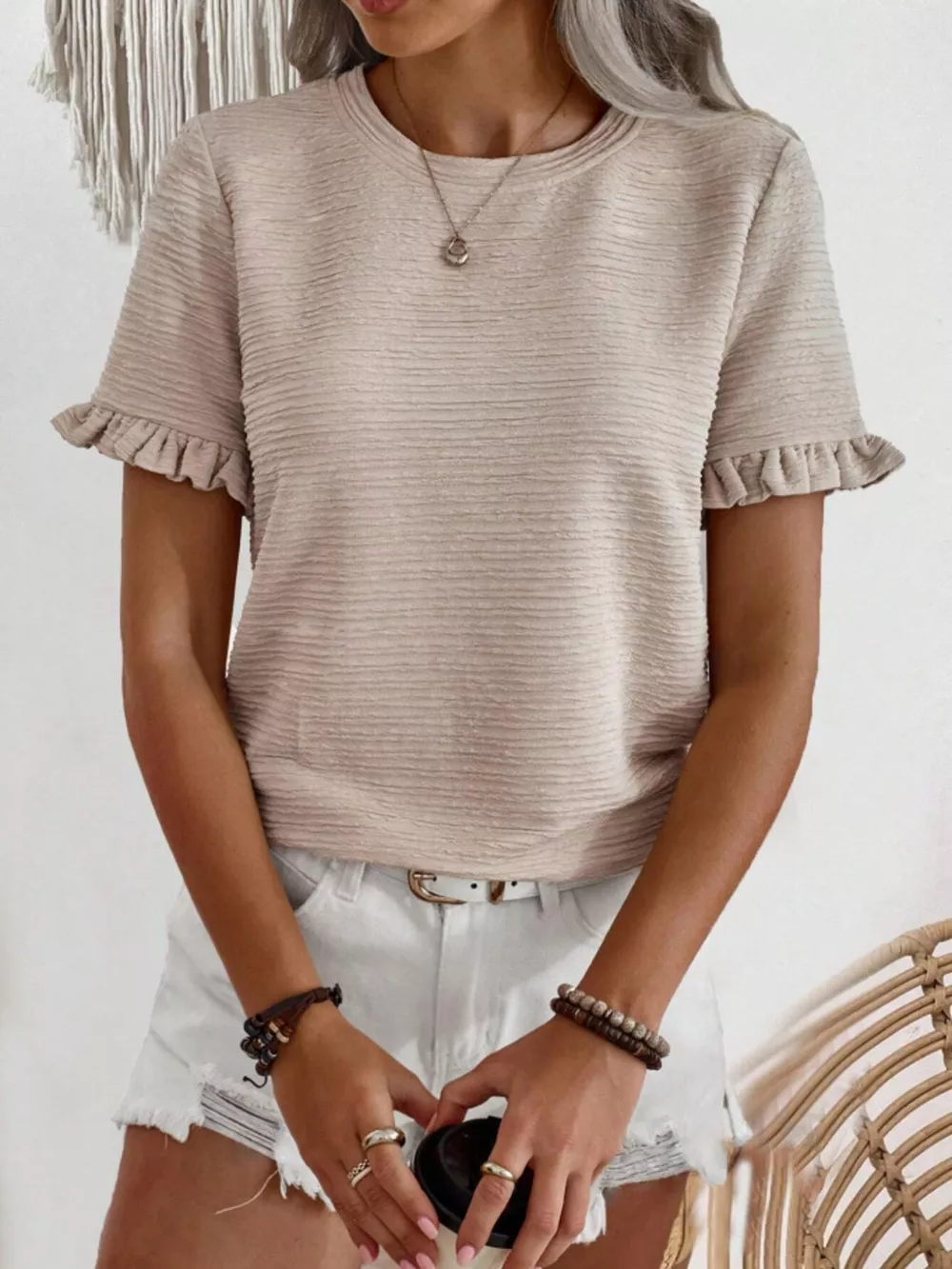 Textured Ruffle Sleeve Round Neck T-Shirt, image 17