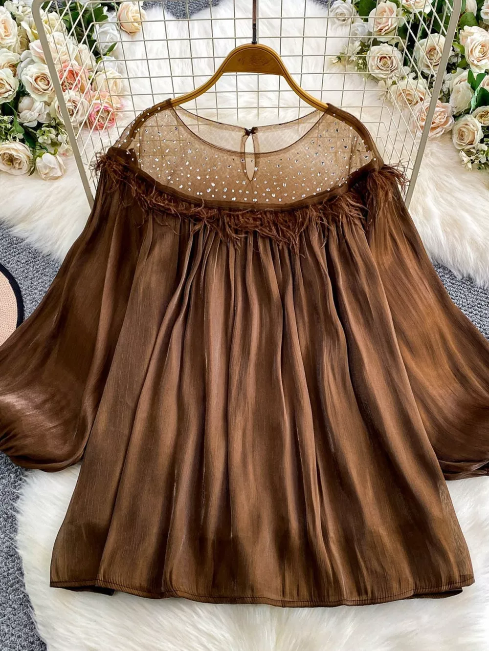 Rhinestone Mesh Panel Blouse, image 15