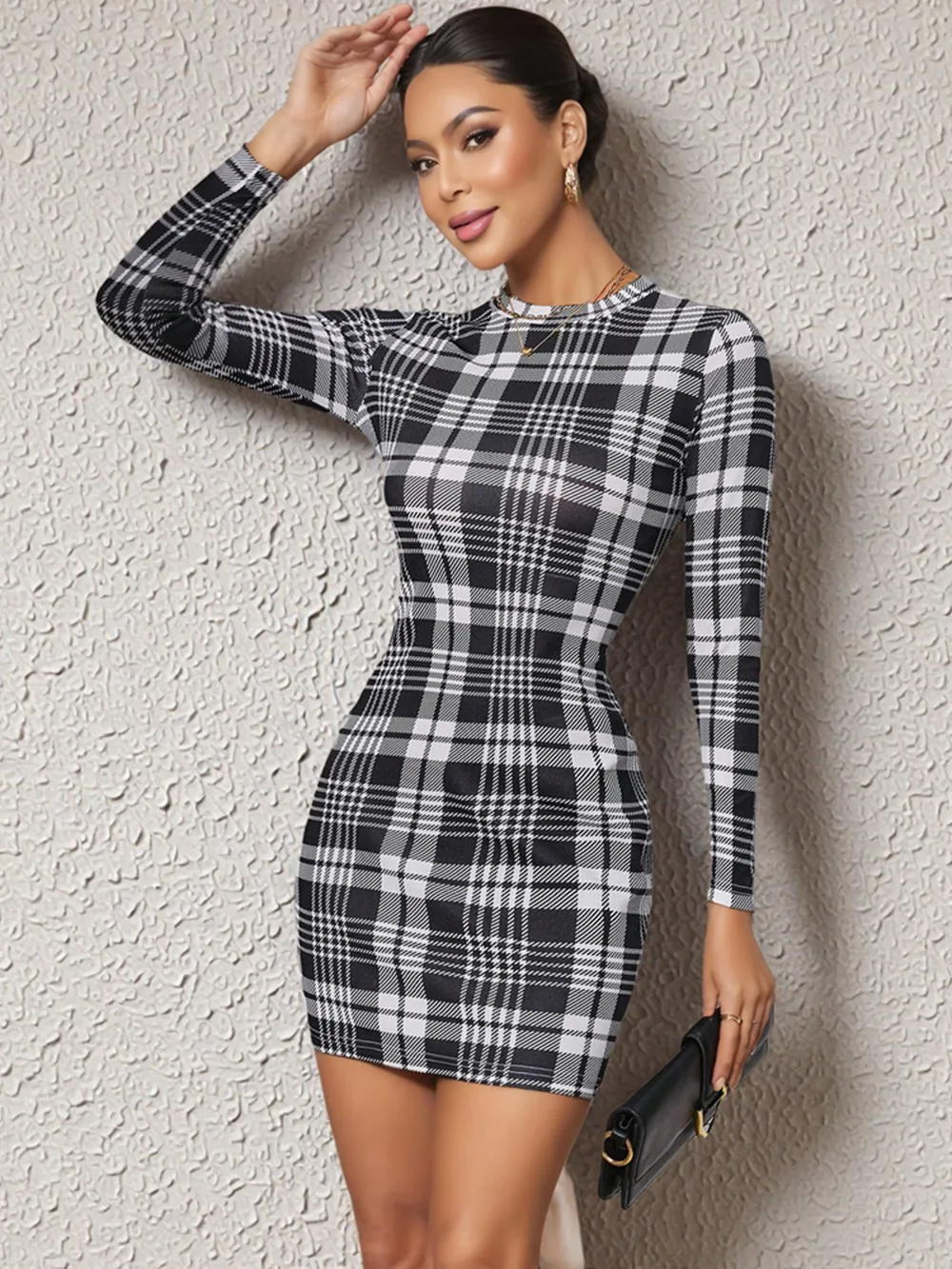 Long Sleeve Plaid Bodycon Mini Dress, image 16