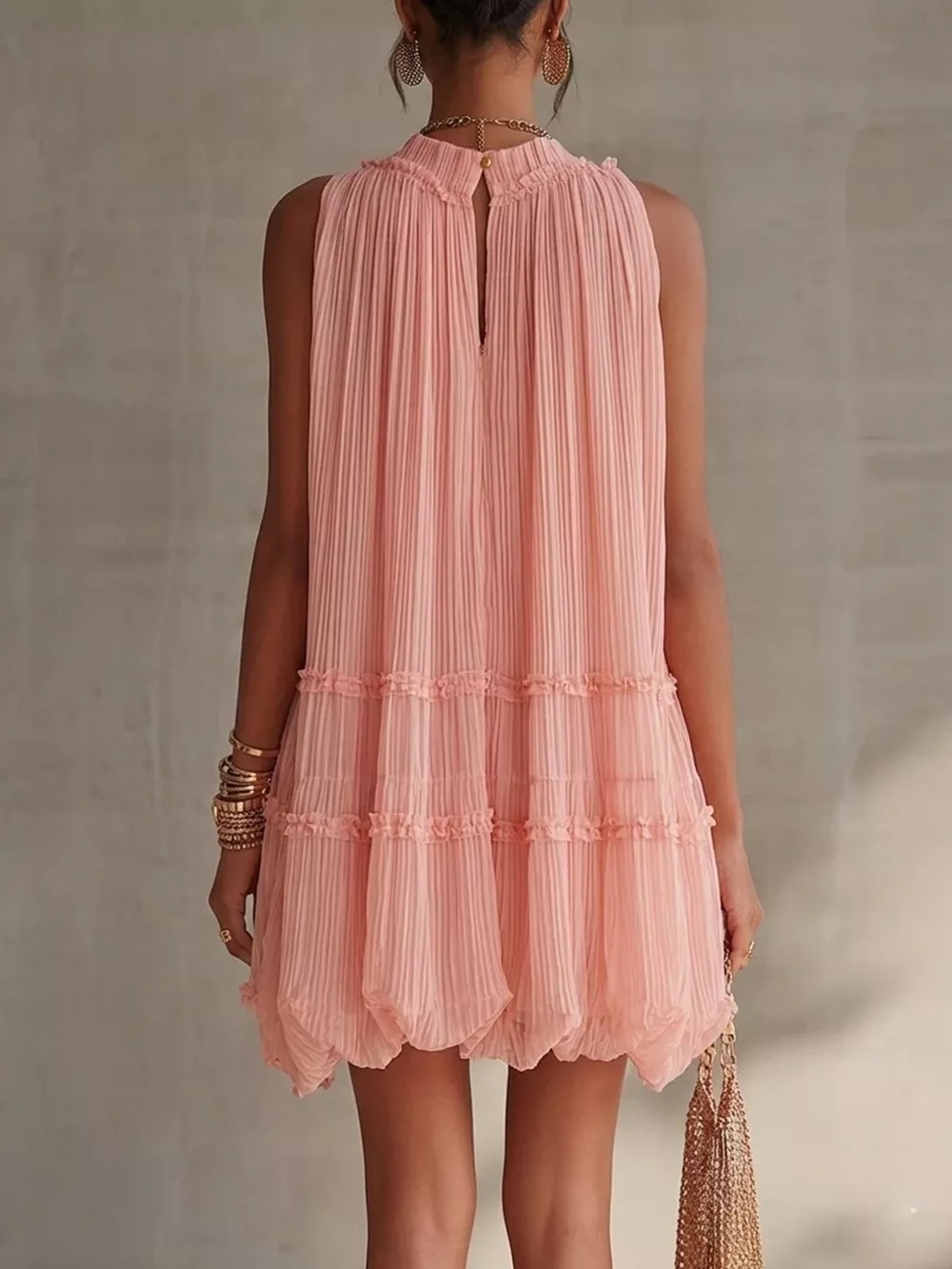Pleated Mock Neck Sleeveless Mini Dress, image 3