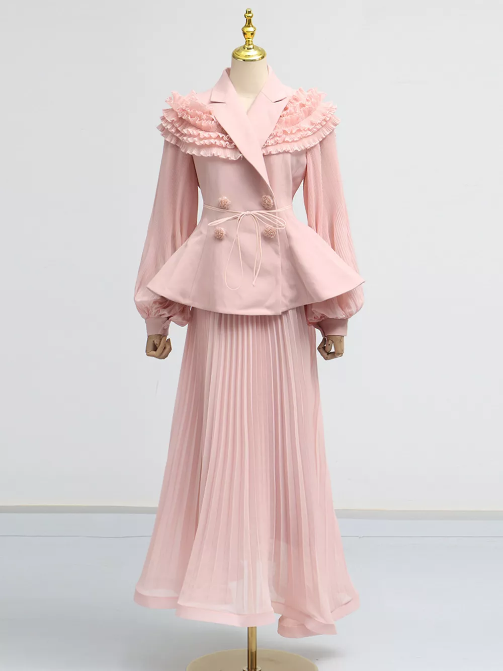Frill Lapel Collar Top and Pleated Skirt Set, image 5