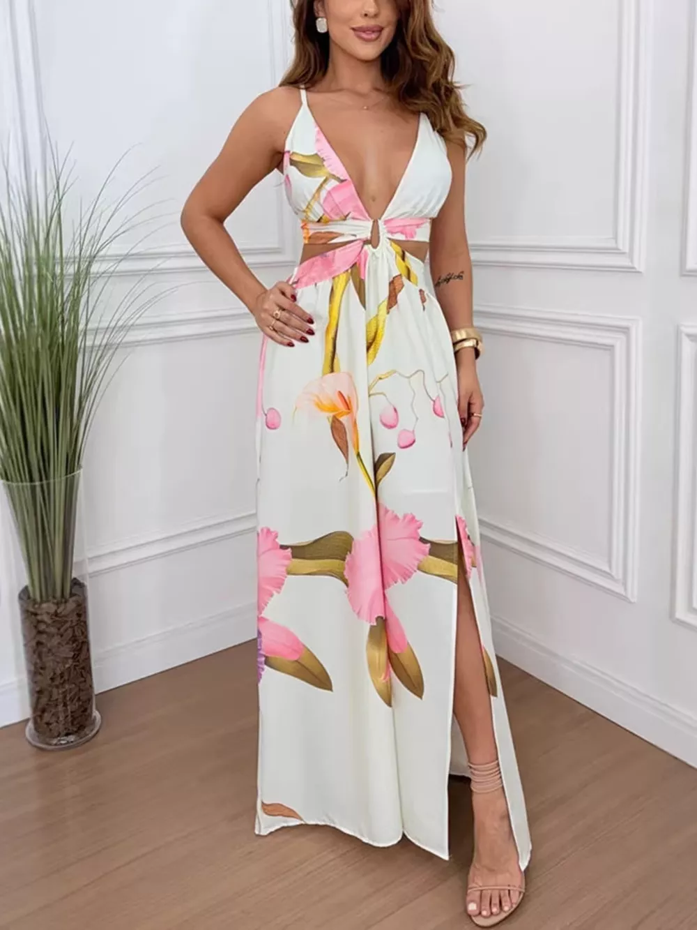 Tropical Print Plunge Cutout Slit Maxi Dress, image 5