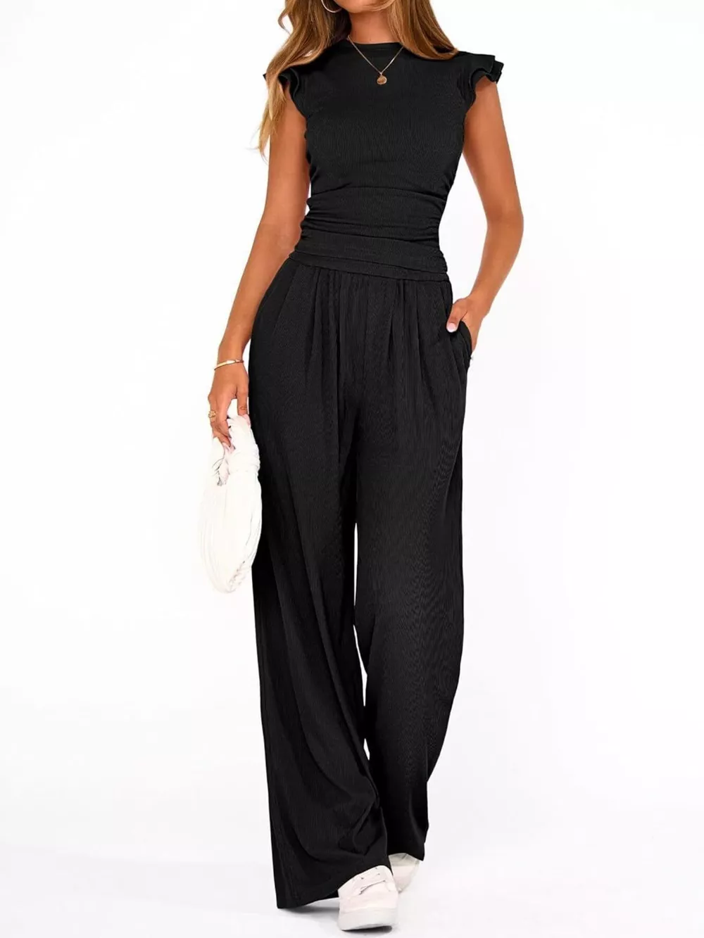 Ruffled Mock Neck Top and Wide Leg Pants Set, image 2