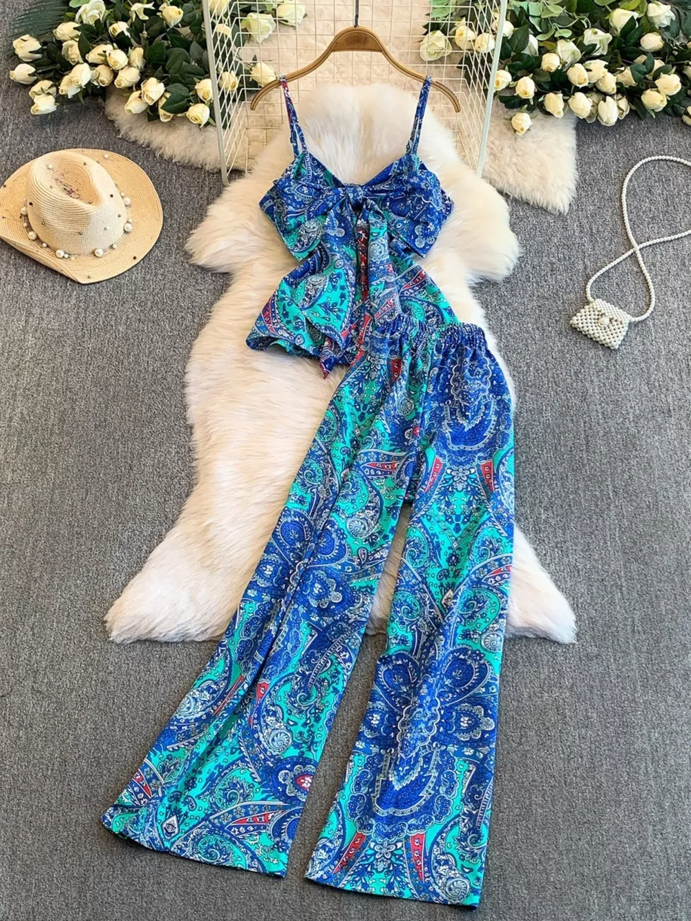 Printed Cami and Wide Leg Pants Set, image 2