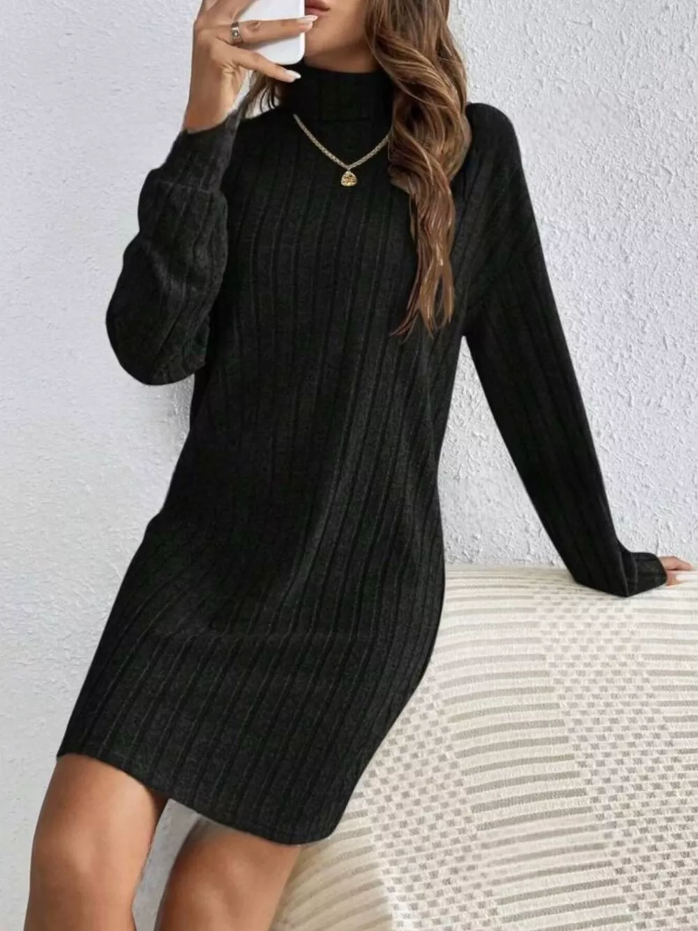 Ribbed Knit Turtleneck Mini Dress, image 9