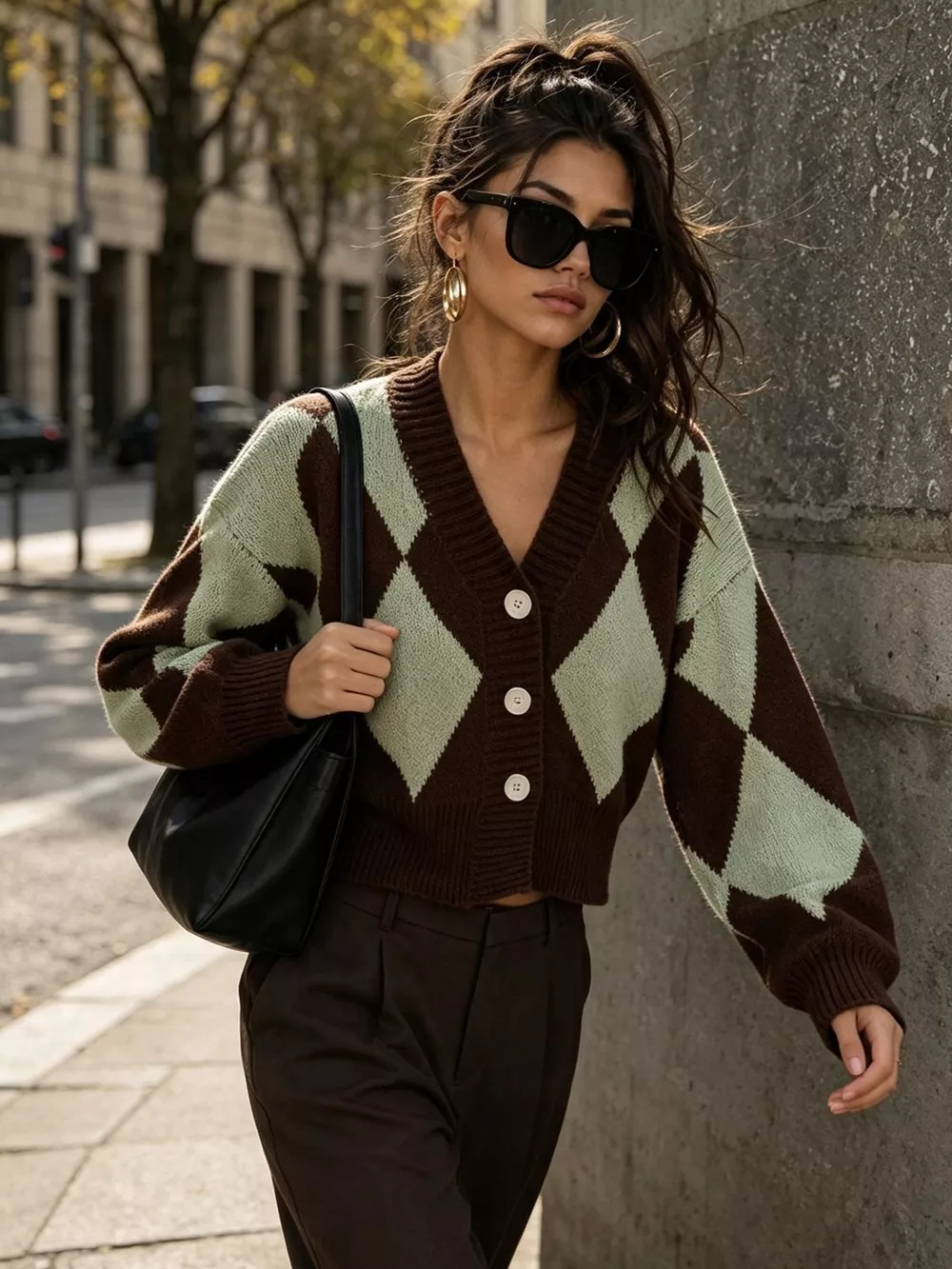 Argyle Pattern V-Neck Button-Down Cardigan, image 11
