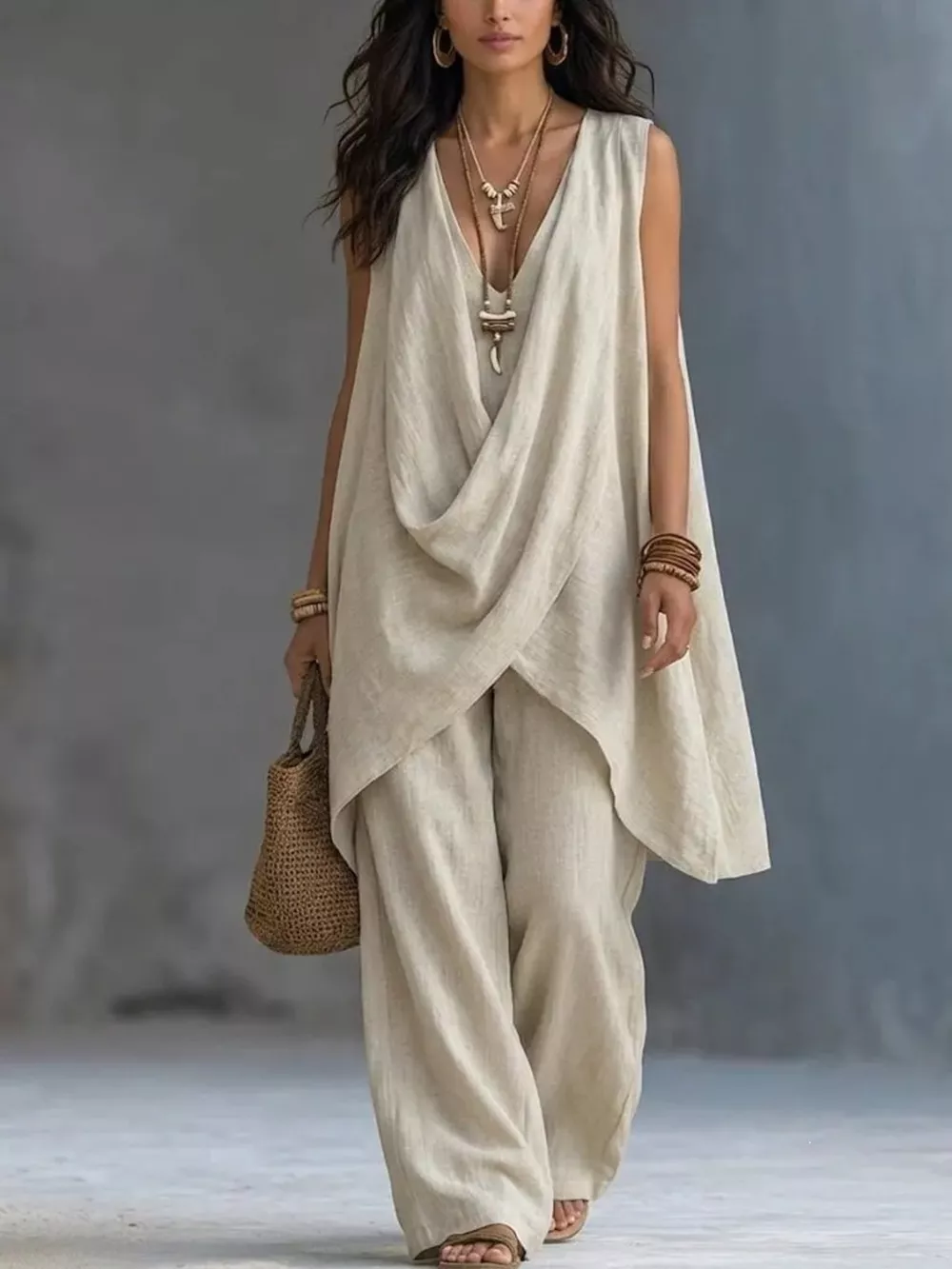 Sleeveless Asymmetrical Top and Wide-Leg Pants Set, image 8