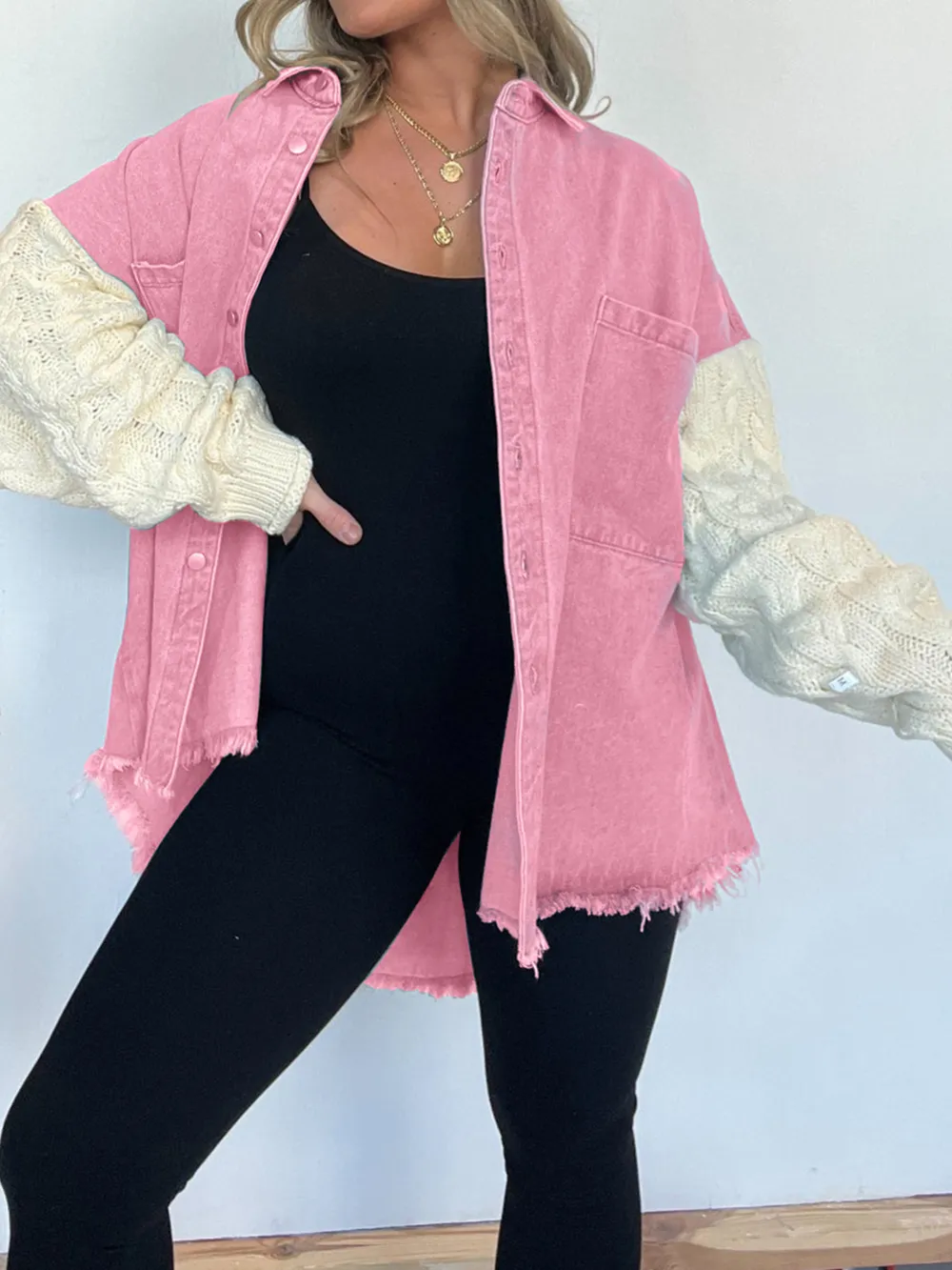 Full Size Raw Hem Button Up Patchwork Denim Jacket Plus Size, image 8