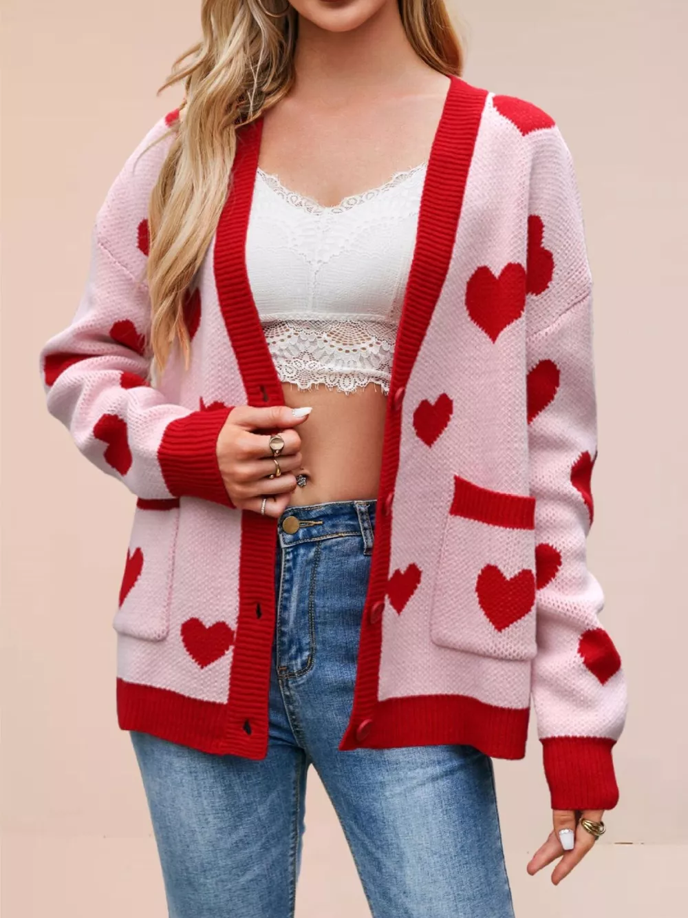 Heart Pattern V-Neck Button-Down Knit Cardigan, image 3