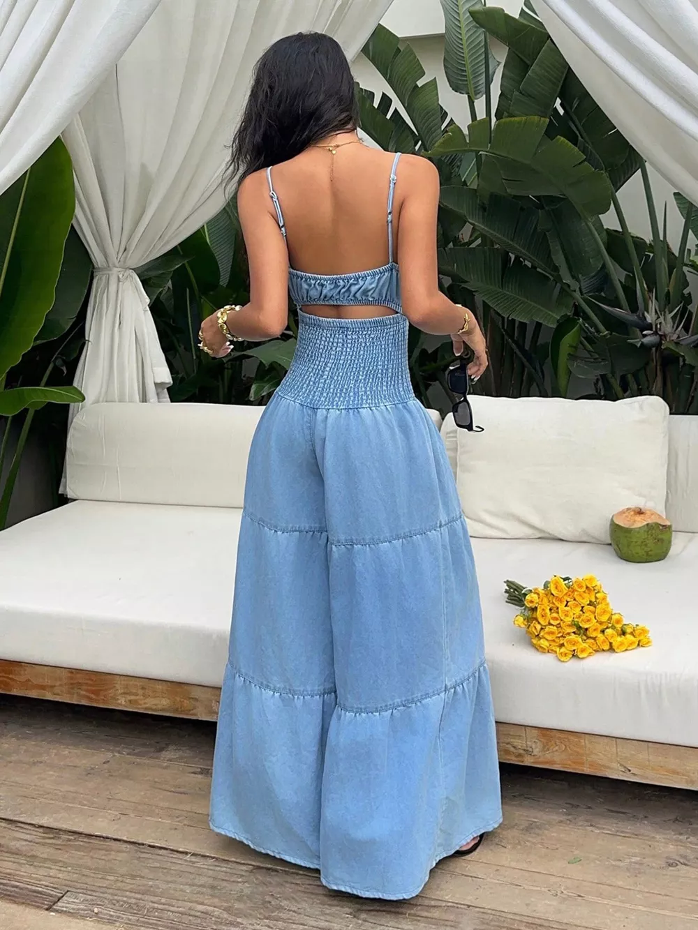 Tie-Front Cutout Smocked Wide Leg Denim Jumpsuit, image 5