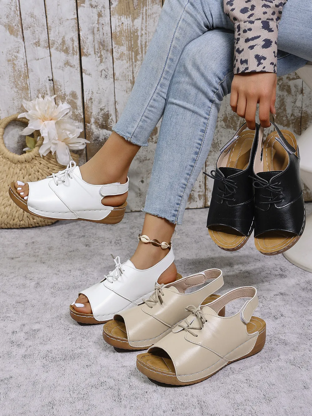 Casual Peep Toe Lace-up Comfort Sandals, image 2