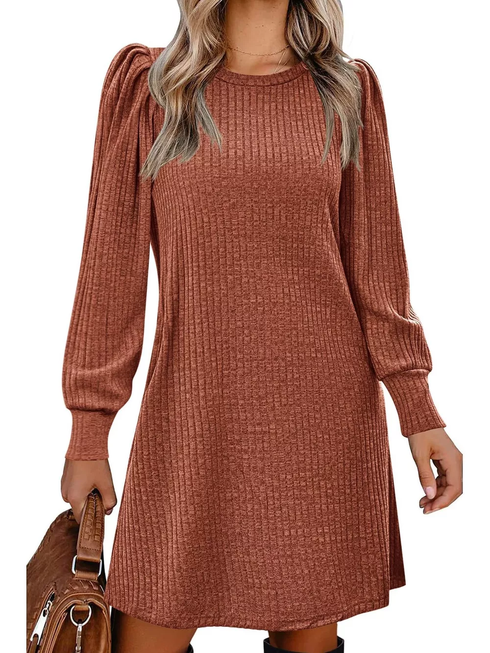 Ribbed Knit Puff Sleeve Casual Mini Dress, image 26