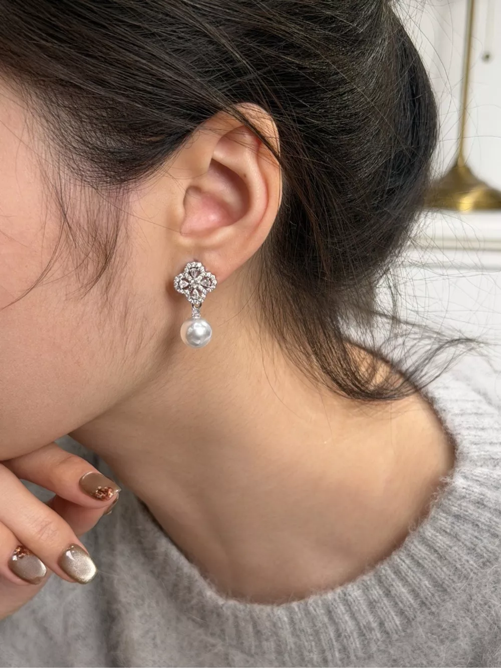 Zircon Four Leaf Clover Pearl Drop Earrings, image 6