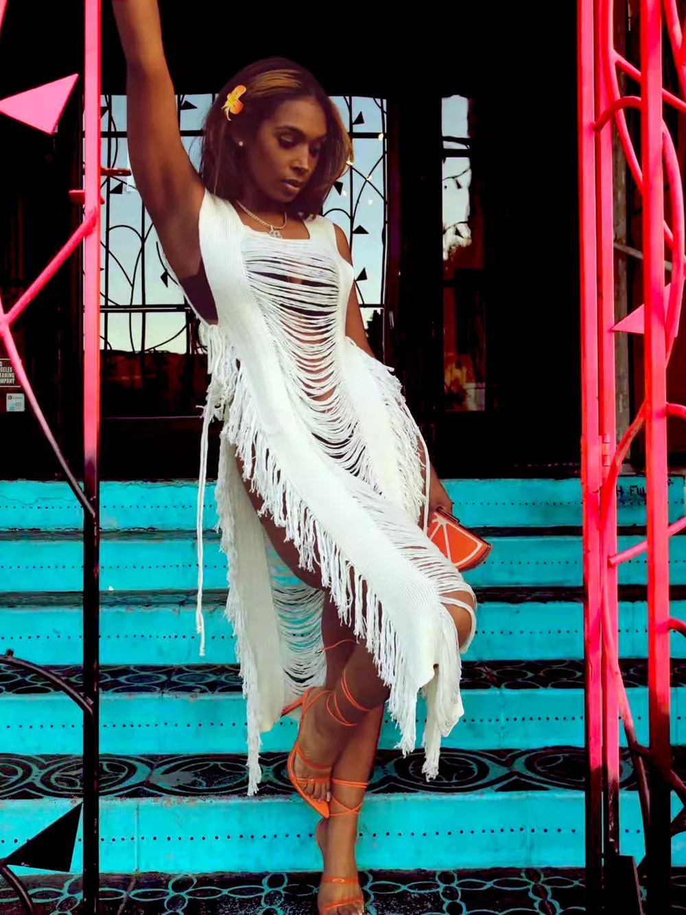 Fringe Split Square Neck Midi Dress
